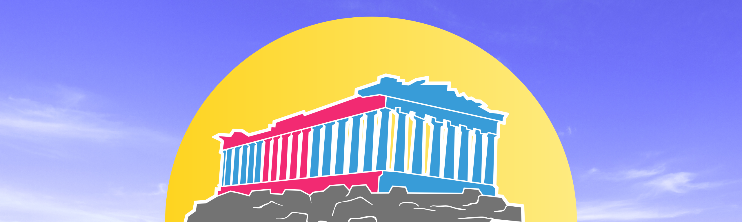 Illustrazione completa di Yorgos Karagiorgos. Titolo: Partenone policromo nella lente del sole. Una composizione completamente originale, creata al di là della base visiva di Canva, che fonde l'eredità neoclassica con il simbolismo digitale. Il Partenone, reso in una policromia immaginaria, si erge al centro di una lente solare: una meditazione su come l'identità nazionale viene rifratta, ingrandita e ricostruita attraverso l'ottica moderna.