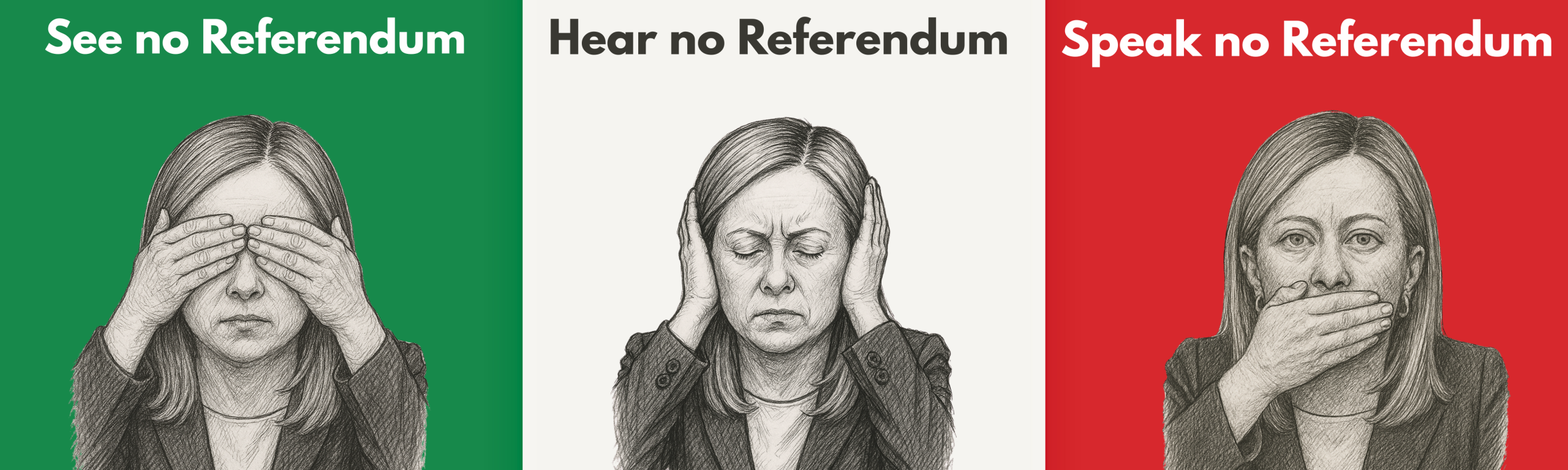 Cała ilustracja autorstwa Yorgosa KaragiorgosaTytuł: „Nie widzę referendum, nie słyszę referendum, nie mówię referendum” Wizualna krytyka demokratycznego uciszania za pomocą ikonografii Giorgii Meloni.