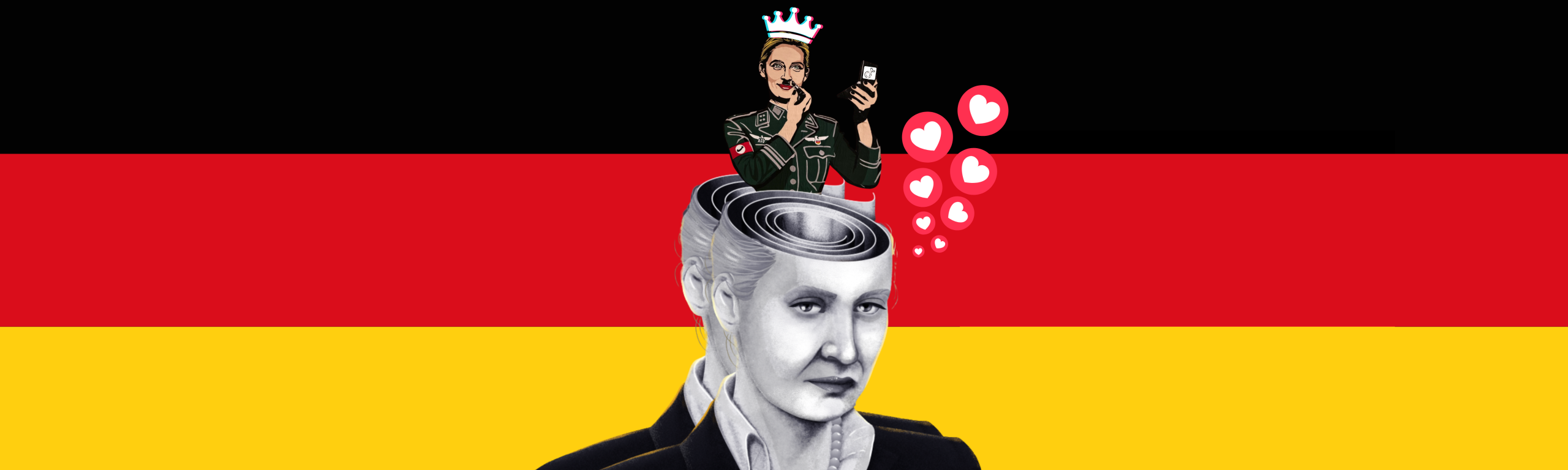 Colaj de Yorgos KaragiorgosElemente: © Muhammet Okur / Al Jazeera · © RomaToday (graffiti: „Il Ritorno” – afiș de Laika, cu Alice Weidel în uniformă nazistă cu mustață Hitler) Titlu: Die Rückkehr – Il Ritorno