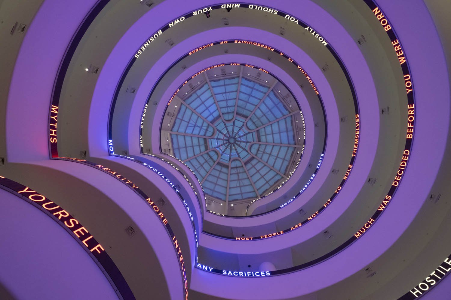 Installation view, Jenny Holzer: Light Line, May 17–September 29, 2024, Solomon R. Guggenheim Museum, New York. © 2024 Jenny Holzer, Artists Rights Society (ARS), New York. Photo: Ariel Ione Williams and David Heald © Solomon R. Guggenheim Foundation, New York