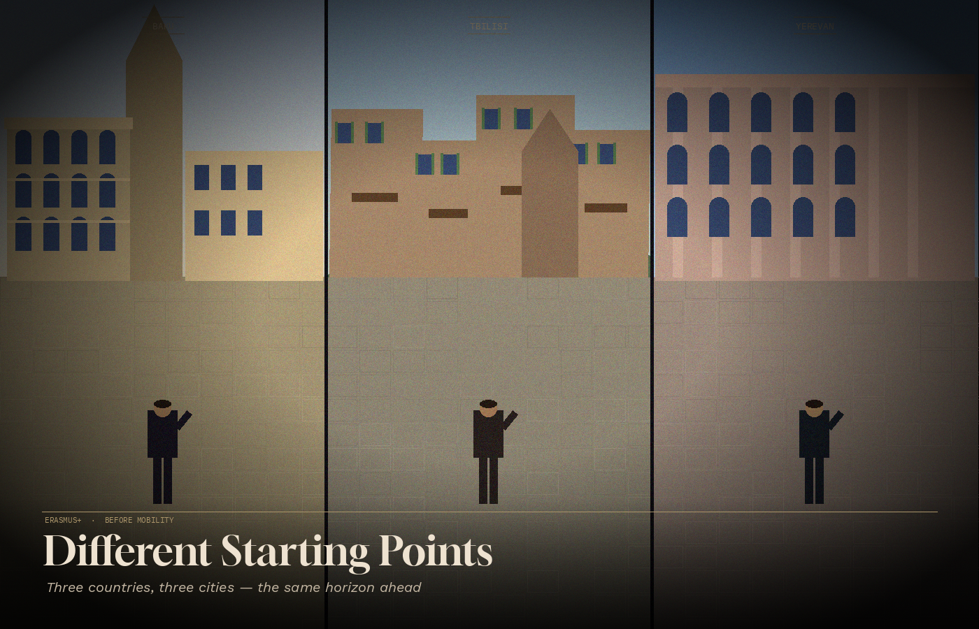  A triptych of three city scenes side by side — Baku, Tbilisi, Yerevan — each with a lone figure, the same anticipation, three different worlds.