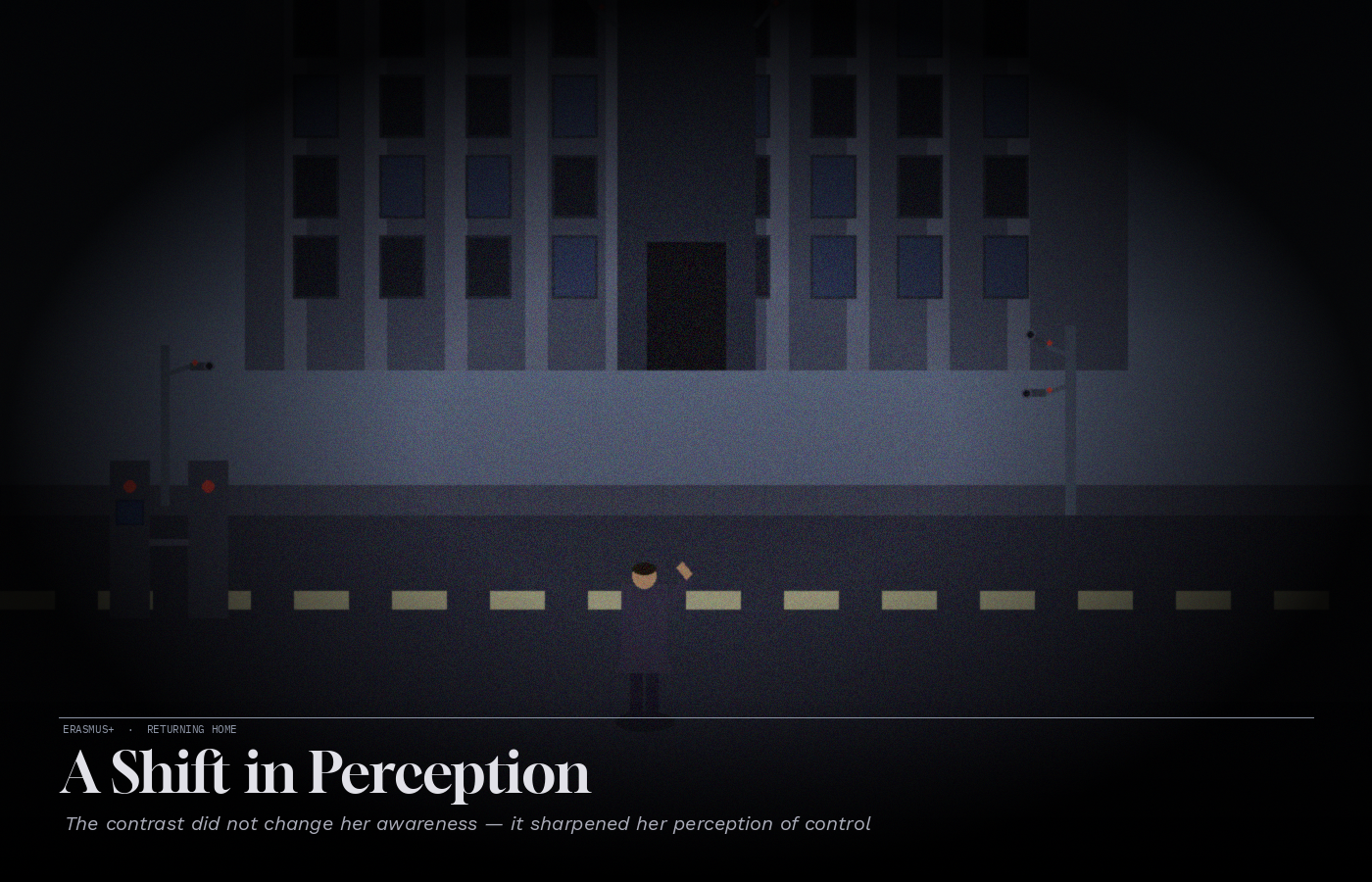 A figure on a grey boulevard looking up at CCTV cameras mounted on a monumental government building — the structures of control, newly visible after time away.