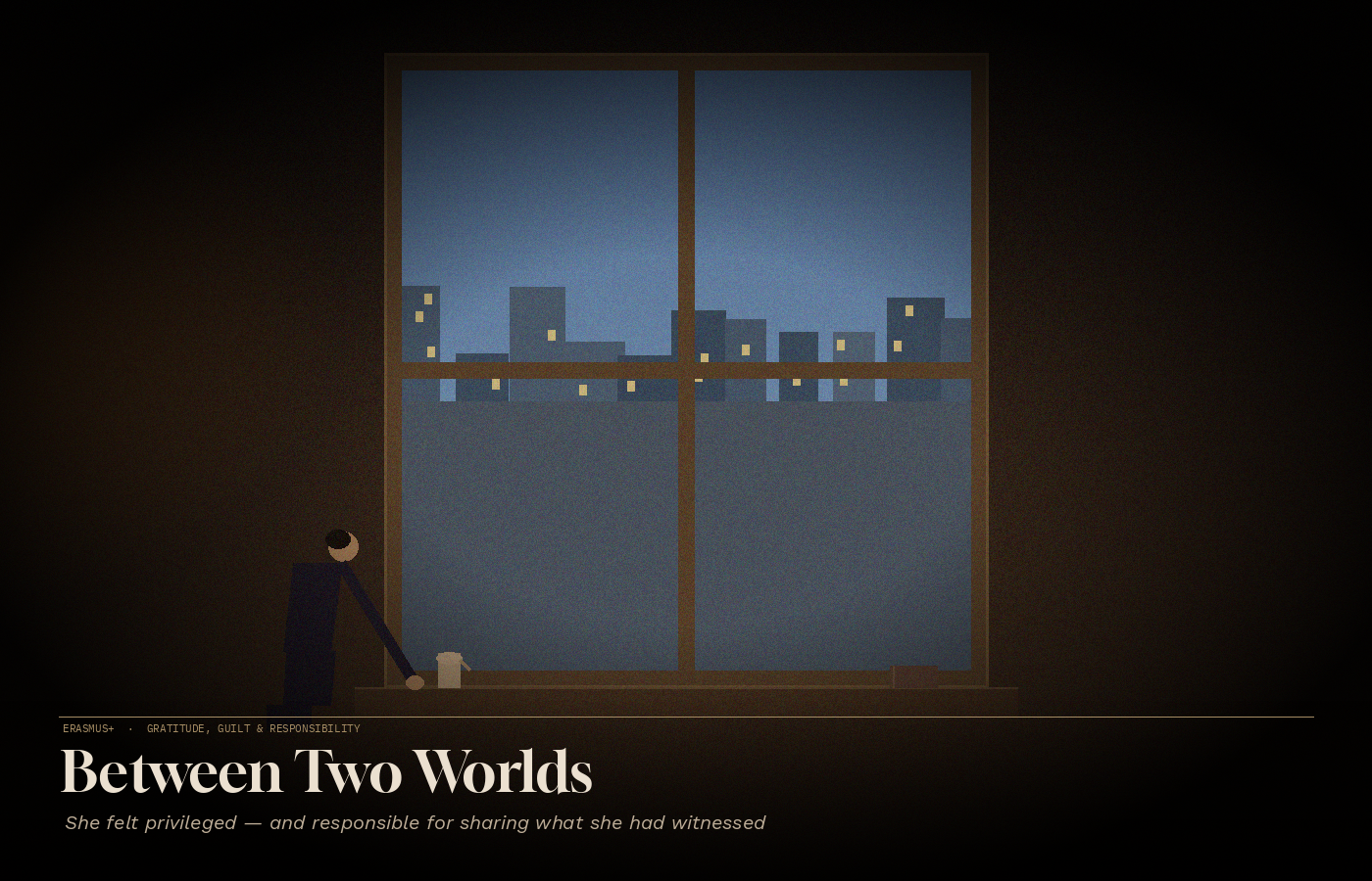 A person seated at a large window at dusk, one hand resting on the sill, looking out at a distant city — caught between the warmth inside and the world beyond.