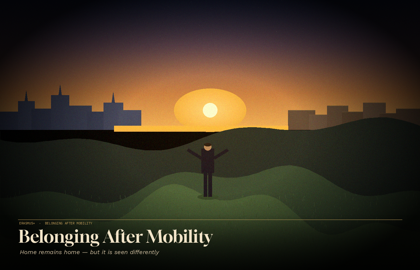 A solitary figure on a hilltop at golden hour, arms slightly open, facing the horizon — two city silhouettes on either side, belonging to both and neither.