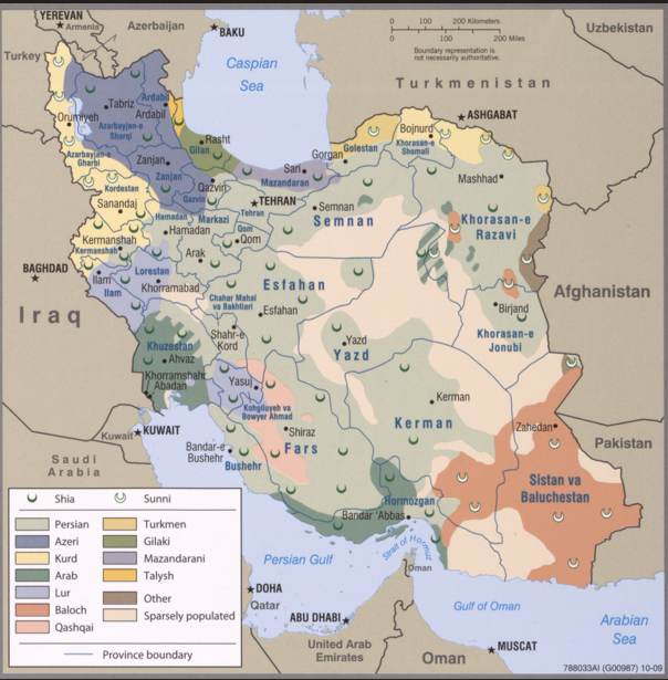 Mappa dell'Iran che mostra la distribuzione etnica e religiosa per regione.